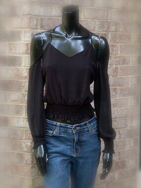 Guess Cold Shoulder Spaghetti Strap Semi Sheer Crop Top SzS